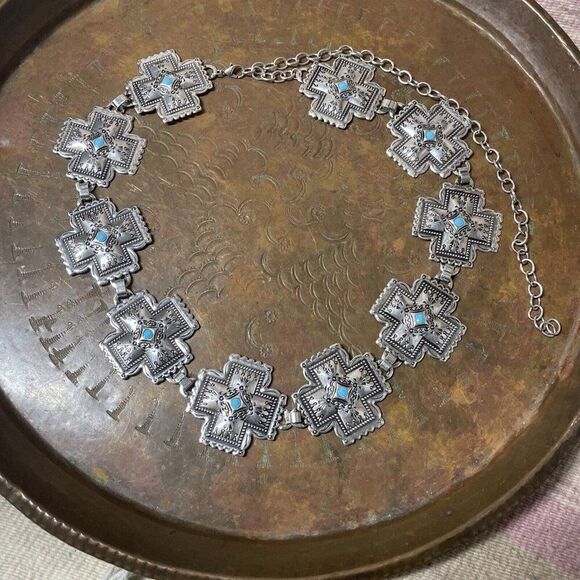 Womens Western Southwest Silver Cross Chain belt adjustable TO 40" Turquoise - Picture 5 of 7